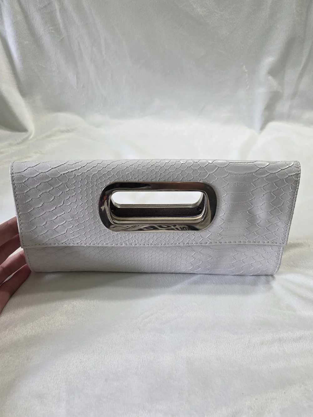 White Textured Faux-Snake Envelope Clutch with Metallic Handle Magnetic Closure
